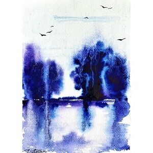 🌙 Shadow Trance – Original Mystical Blue Watercolor Painting, Dreamy Landscape 💫